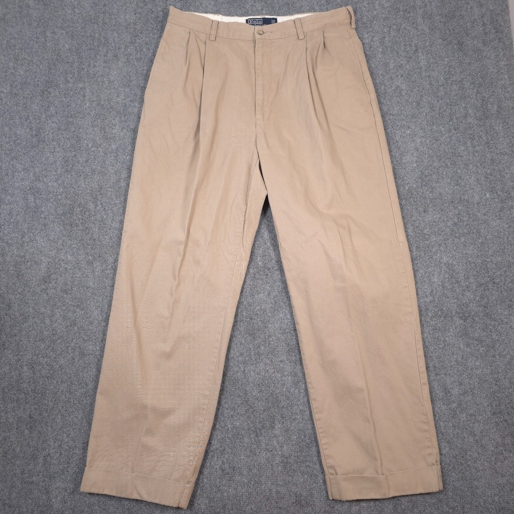 VTG Polo Ralph Lauren Hammond Pant Mens 35x28* Beige Chino Pleated Cuffed READ
